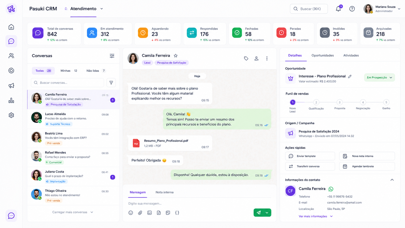 Painel de atendimento com contatos, status, conversa e etapas