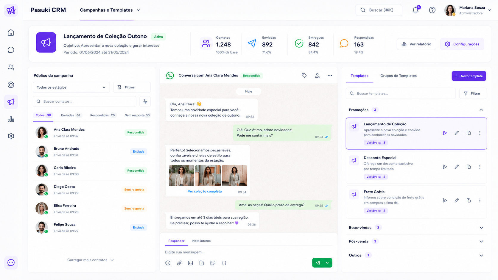 Painel de atendimento com campanha e templates